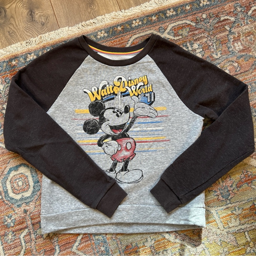 Disney Women's Mickey Mouse Retro Graphic ‘71 Cropped Sweatshirt- Black & Gray